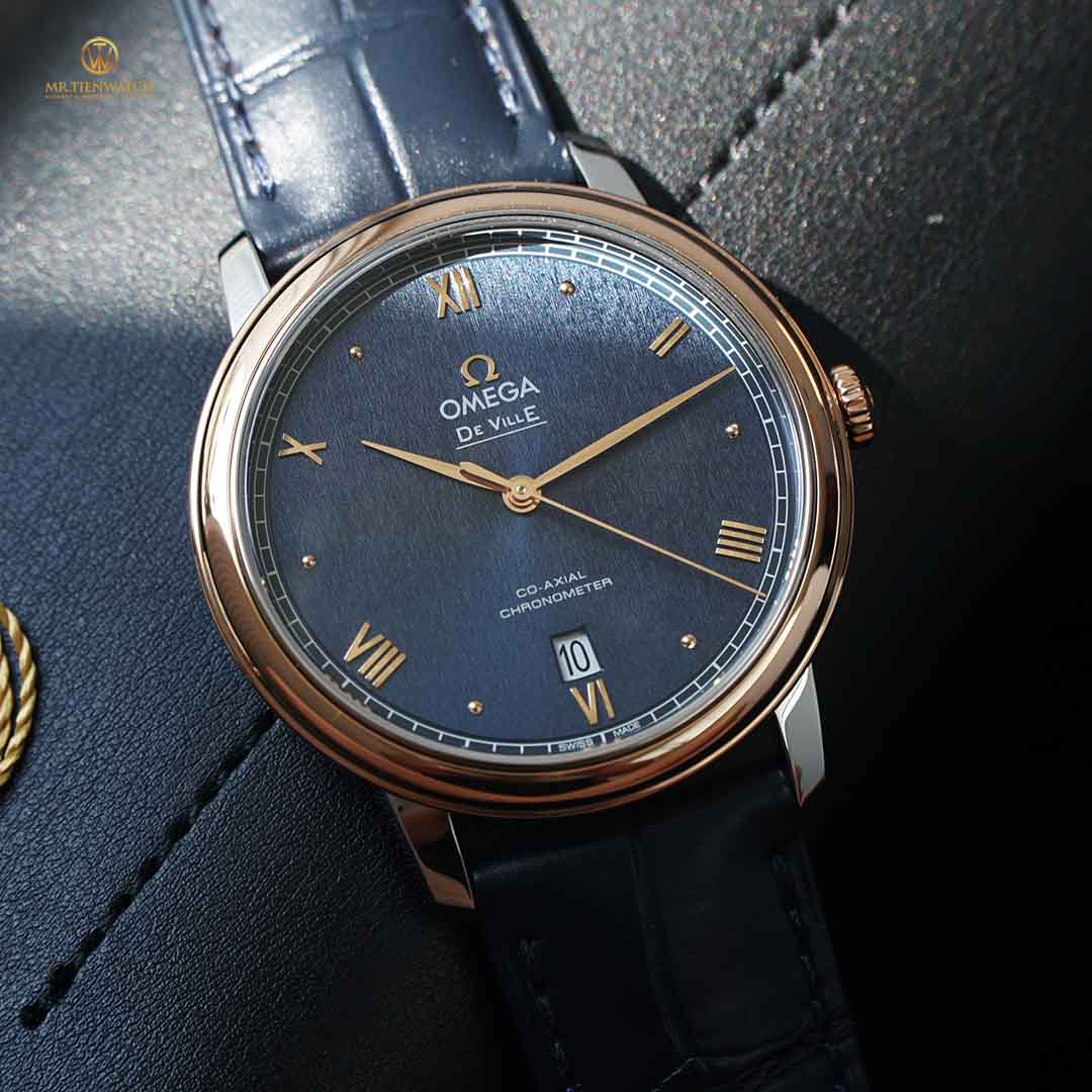 Omega De-Ville Prestige Co-Axial Chronometer 39.5 MM 424.23.40.20.03.001 New model 2021, mặt số xanh chải tia kết hợp niềng vàng đỏ tuyệt đẹp
