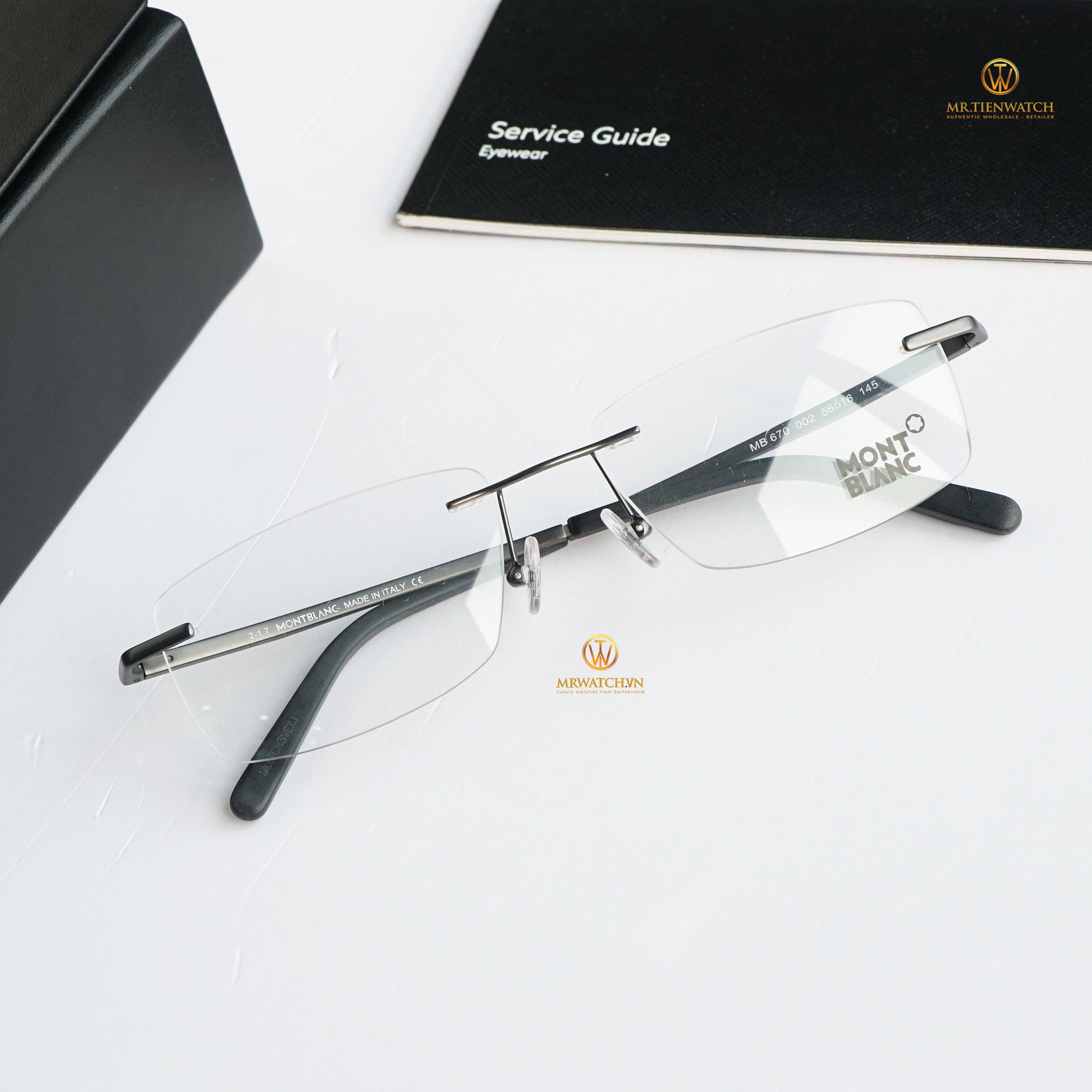 Gọng kính Montblanc Rimless Eyeglasses MB670 002 Dark Matte Gunmetal 56mm chính hãng