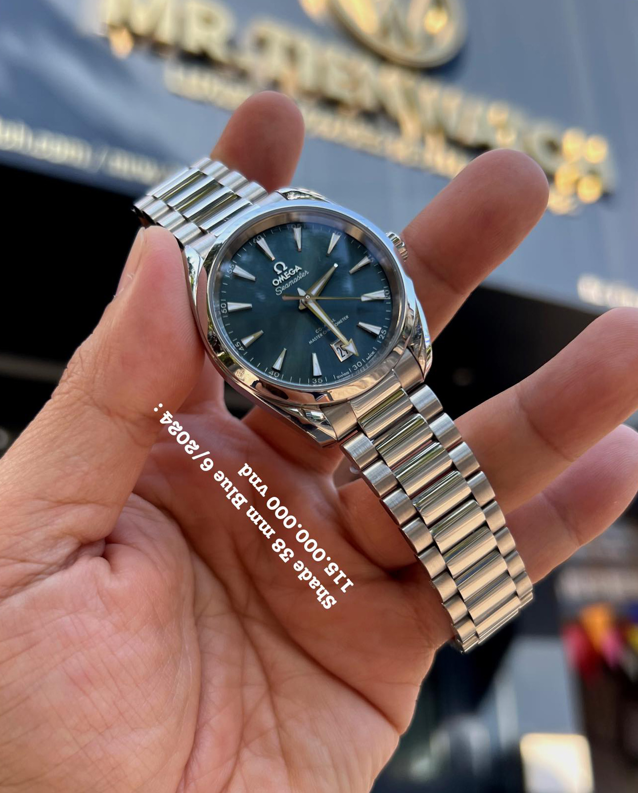 [Used Full Set 2024] Omega Seamaster Aqua Terra 150m Co‑Axial Master Chronometer 38 mm 220.10.38.20.03.003 New Model 2023, mặt số xanh cọc số vàng trắng Rhodium